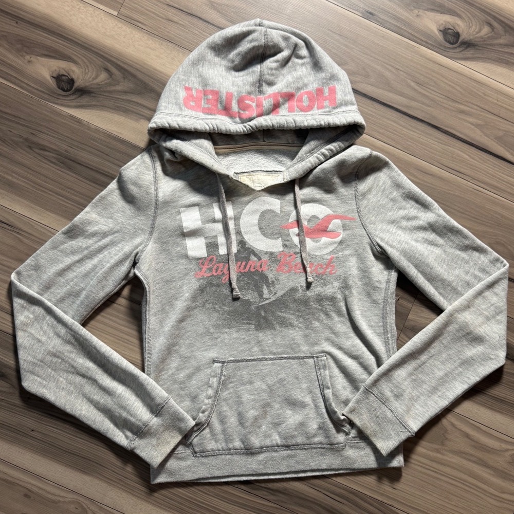 Hollister Laguna Beach Graphic Hoodie Gray Pink Logo Pullover Size Large